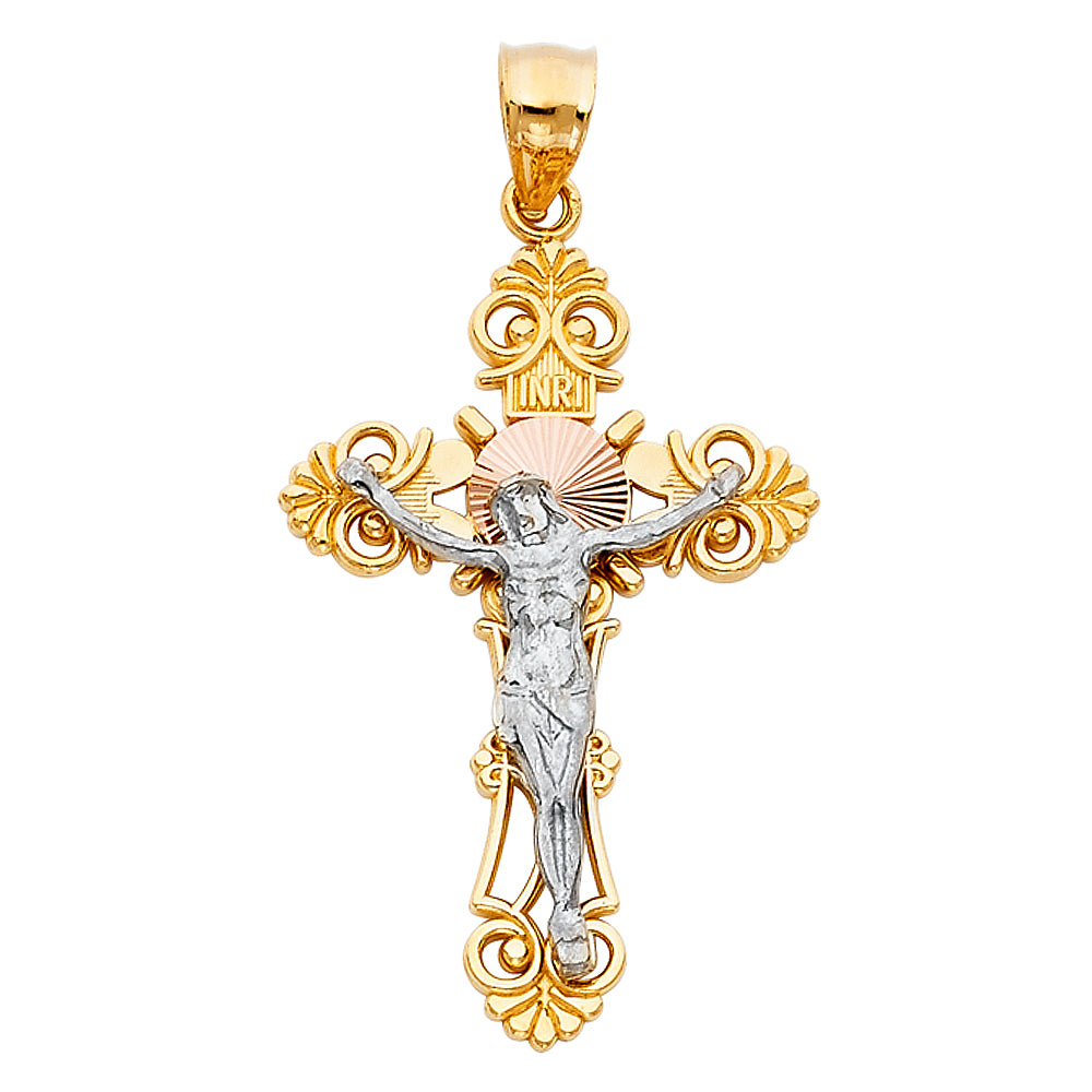 14 karat three tone cross jesus pendant