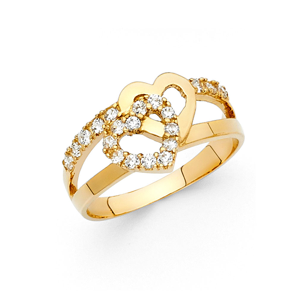 14K Gold CZ Round Stone Heart Ring